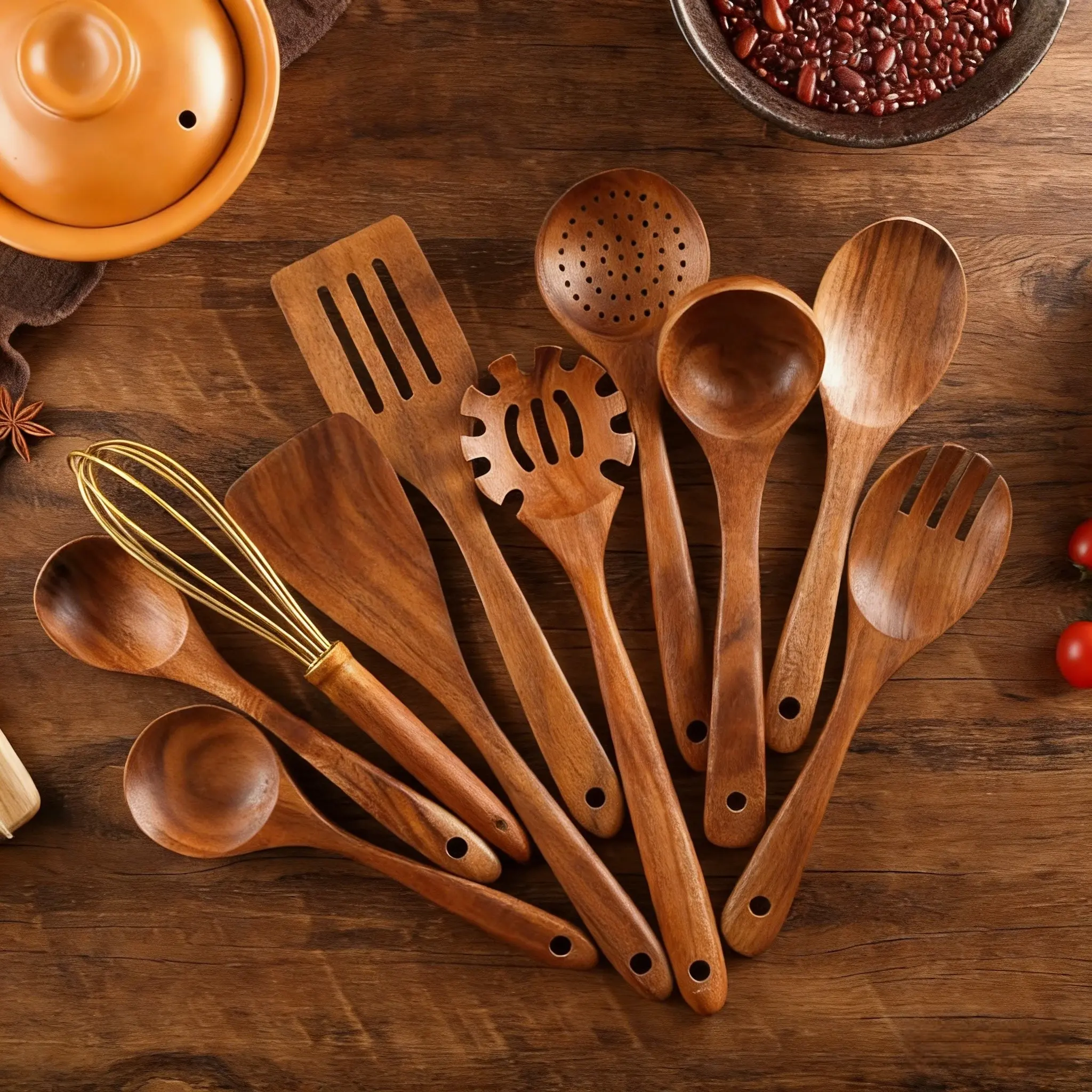 10-Piece Natural Wood Original Wood Kitchen Utensil Set, Kitchen Gadgets Set, Real Cooking Tools, Heat-Resistant Wooden Cooking Tools with Ergonomic Handles, Includes Spoons, Turners and Other Utensils, Safe for All Cooktops