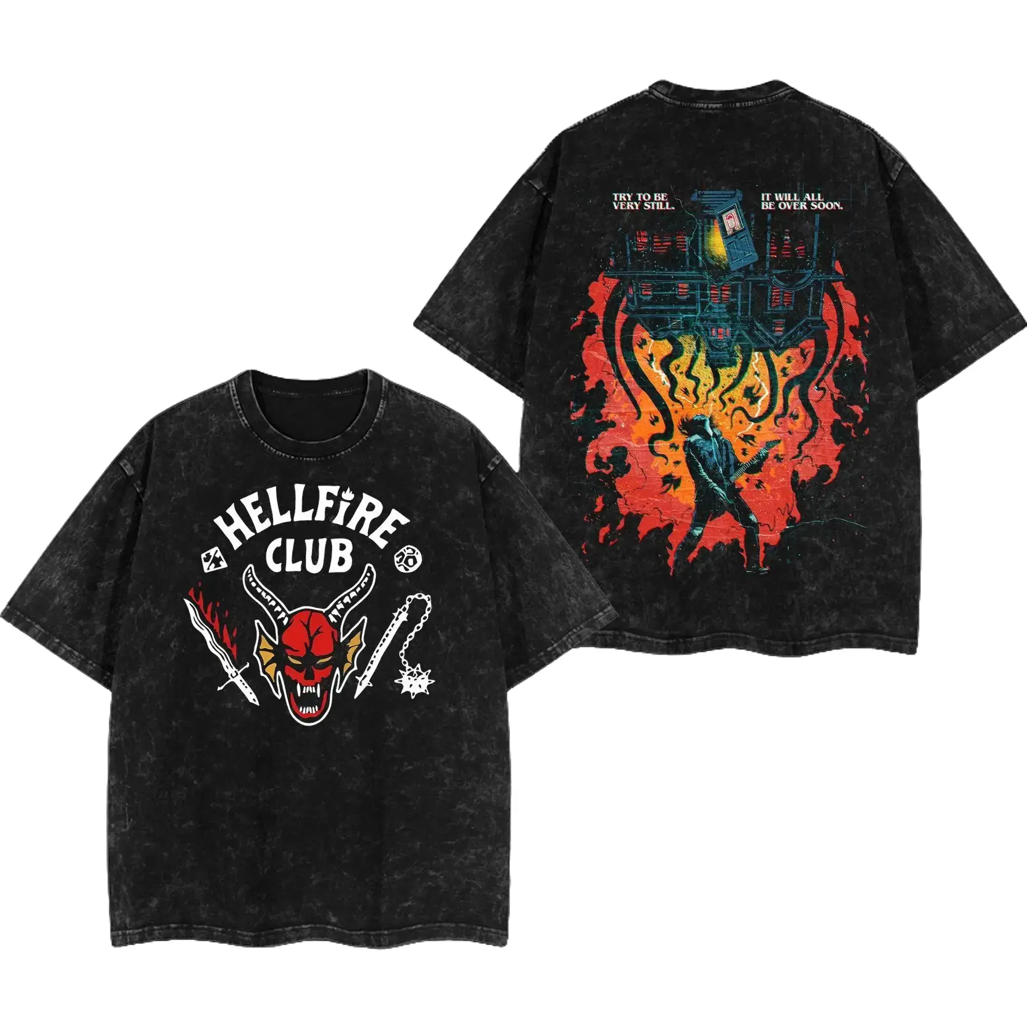 Women's Stranger Things Hellfire Club Short-Sleeve T-Shirt, Vintage Washed Classic Round Neck Soft Loose Oversized Cotton Tee, Double-Sided Graphic Retro 90s Streetwear Unisex Casual Top, Shortsleeve, Tshirt, Stranger Things Graphic Women's T-Shirts