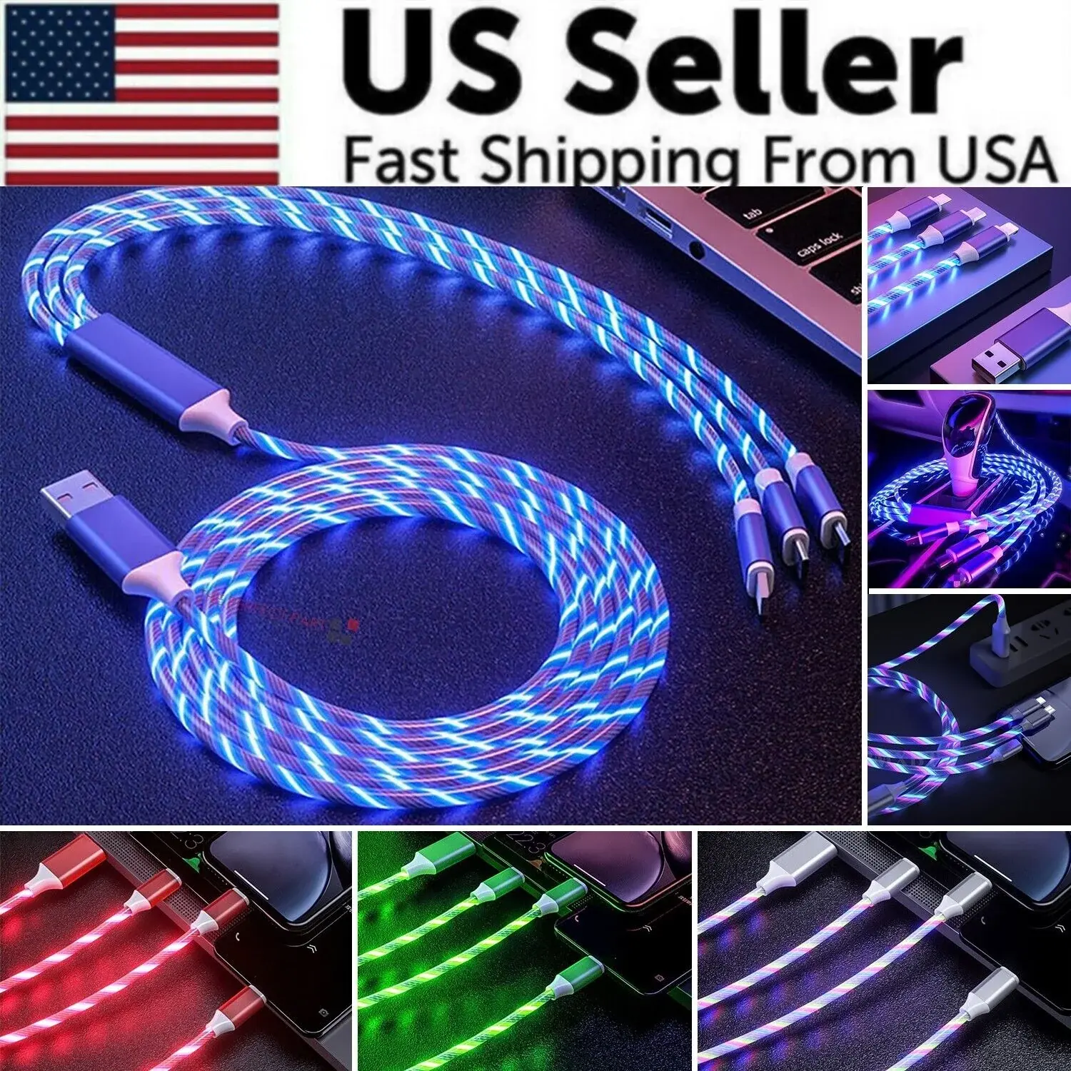 3-in-1 LED Fast Charger Adapter - Charger Compatible with iPhone, Micro USB, Type C, Includes Charging Cable & USB Plug for LED Charge Needs