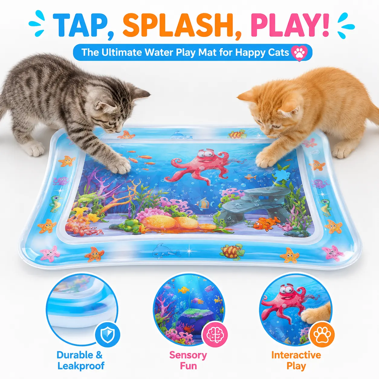 【PIPA】Interactive Cat Water Mat, 0.7mm Thickened PVC Cat Cooling & Warming Play Pad, Foldable Indoor Cat Enrichment Toy with Floating Color Patterns, Easy-Fill Leak-Resistant Design