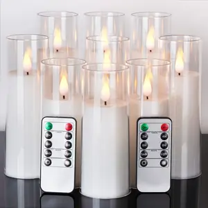 【Set of 9】Pure White Acrylic Flameless LED Candles, Battery Operated With Remote Control and Timer, Electric Fake Candles for Wedding, Home Decor, D2.2 xH 5" 6" 7"