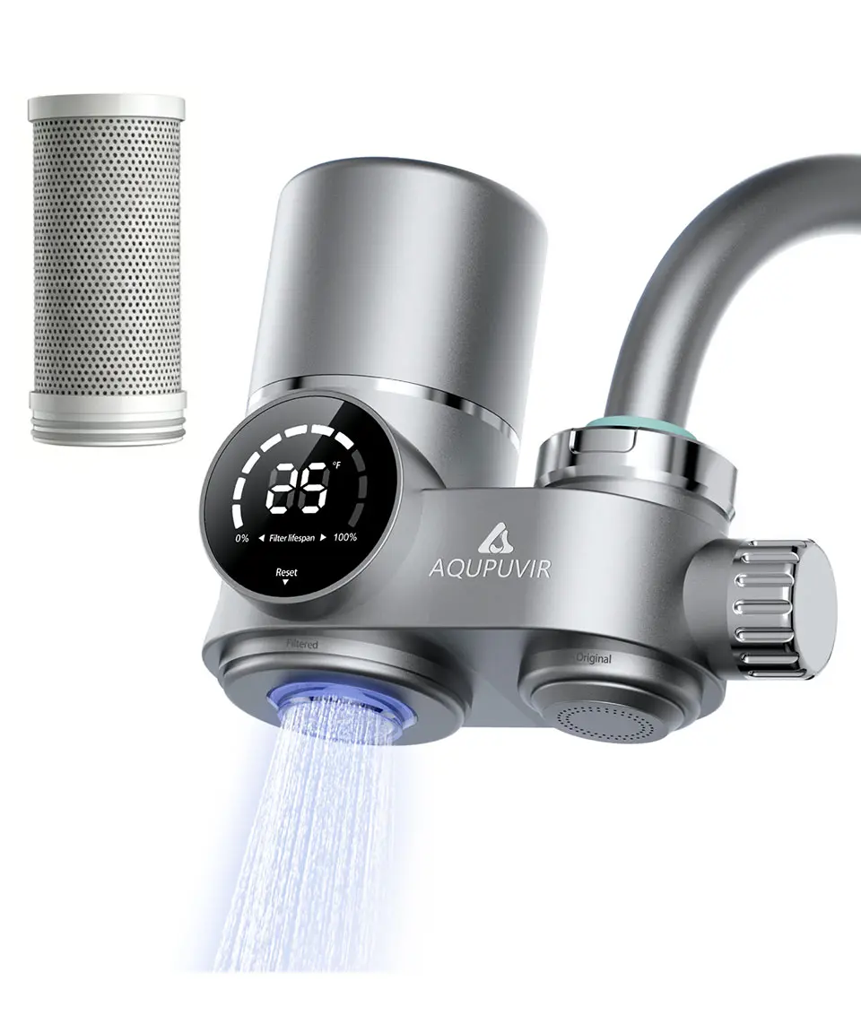 AQUPUVIR Faucet Water Filter for Kitchen Sink, 3-Stage Filtration, Self-Powered LED Temperature & Filter Life Display, Dual Water Modes, Easy-Install Tap Filter