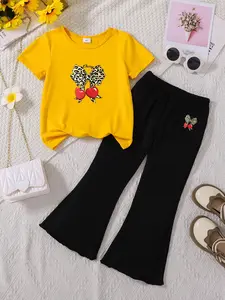 Summer Girls' 2-Piece Set Leopard Print Bow Cherry Tee + Bell Pants, Cute Loose-Fitting for School, Casual Shopping, Friends Meet-Up, Home Wear, Casual Tees Set