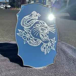 Panther & Snake Etched Mirror | Traditional Tattoo Design | Gothic Flash Art Decor | Vintage Shield Mirror | Alternative Gift