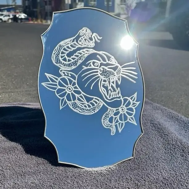 Panther & Snake Etched Mirror | Traditional Tattoo Design | Gothic Flash Art Decor | Vintage Shield Mirror | Alternative Gift