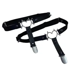 Devil Logo Garter Straps for Women/men - Adjustable Elastic Strap with Metal Logo & Spikes - Basic Minimalist Style Lingerie Fit Womenswear