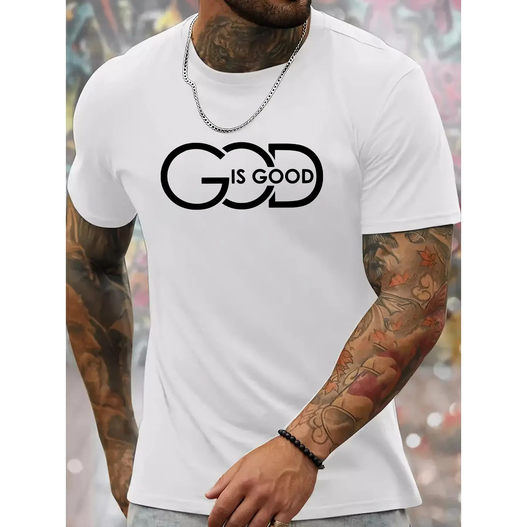 Men'S Navy Blue "GOD IS GOOD" Graphic T-Shirt - Casual Short Sleeve Crewneck, Summer Fashion, Polyester Blend, Machine Washable, Relaxed Fit Tee |     Bold Graphic Tee |     Knit Fabric