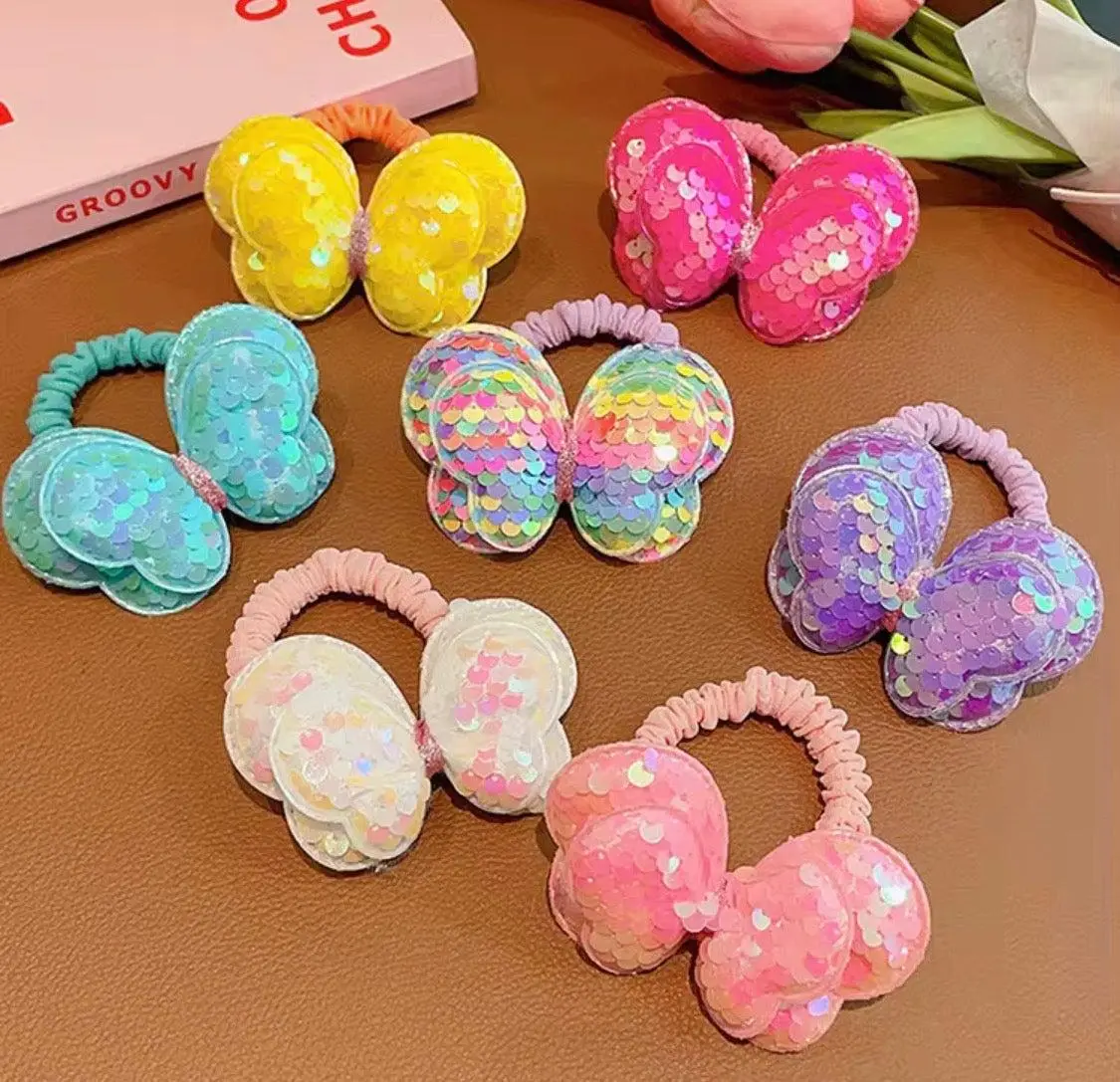 Butterfly Sequin Scrunchies for Girls - Sparkle Fabric Hair Ties, Stretchy Ponytail Holder, Lightweight Elastic Hair Accessory for Everyday Use, Lightweight & Gentle On Hair