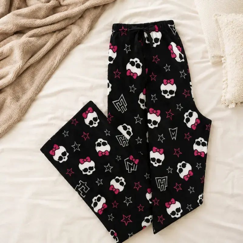 Gothic Skull Bow Pajama Pants, Cozy PJs Gift Unisex, Black & Pink Star Print Lounge Sleepwear Bottoms