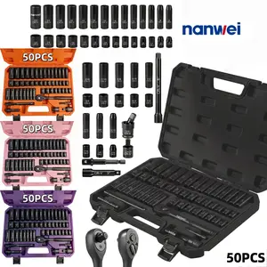 50pcs 3/8 Inch Drive Impact Socket Set | Metric (8-22mm), SAE (5/16-3/4 Inch), 6 Points, Chrome Vanadium Steel, With Adapter Ratchet Handle and Storage Box - Professional/Maintenance Personnel Set, Ideal for Daily Use and Gifting Multifunctional Wrench