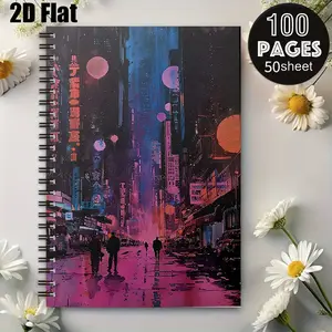 1 Pack Spiral Coil Notebook, 5.7x8.26 Inch, Durable Binding, Cyberpunk City Design, Perfect for Daily Journaling, Travel Log, School Notes, Office Work, Great Gift for Students, Writers, Travelers on Thanksgiving, Christmas, Birthdays [2D] Flat