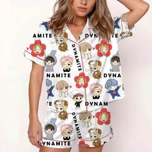 Kpop Tour Comeback Satin Pjs Set, Idol Chibi Sleepwear, Button Up PJ Set, Cute Nightwear Gift For Kpop Fans