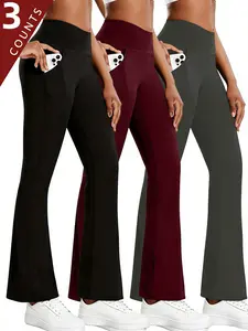 3PCS High-Stretch Soft Fabric Women's High-Waisted Flared Yoga Leggings with Pocket Design Tummy Control Workout Pants for Sports All-Season