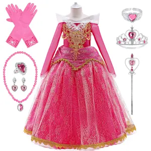8pcs with Accessories Pink Blue 026 Cartoon Cosplay Costume Fancy Carnival Kids Clothes Performance Princess Theme Party Holiday Girls Long Sleeve Ball Gown Children Cocktail Dress 2-10Y
