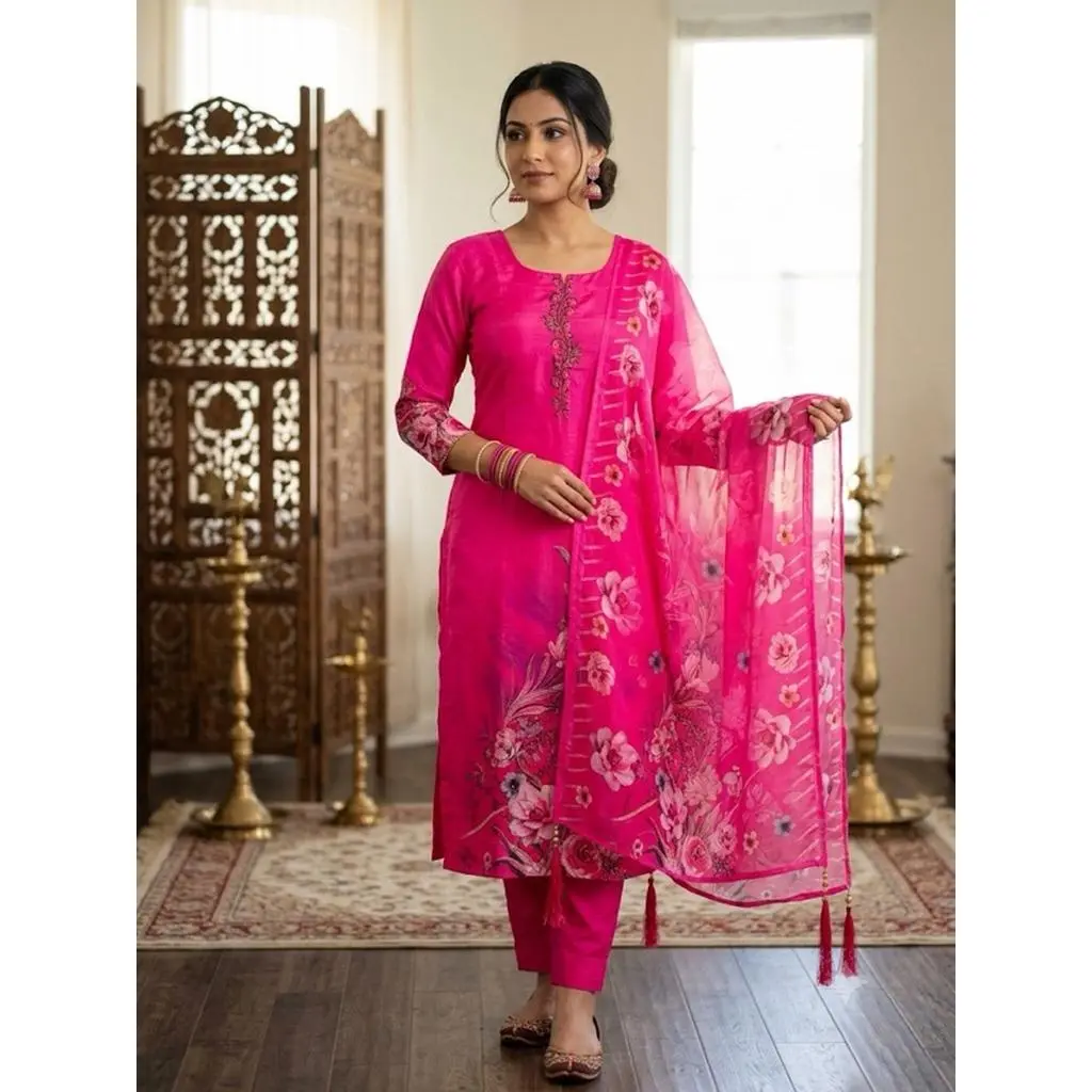 Women's Floral Print Kurta Set with Dupatta Elegant Three-Piece Outfit Ethnic Wear Trousers and Casual Kurti Set Traditional Festive Wear Magenta M L XL XXL