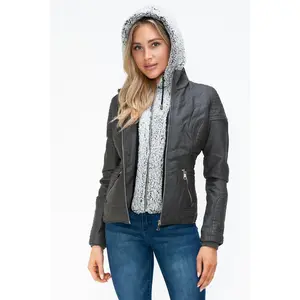 YMI Faux Layered Double-Zipper Jacket with Fuzzy Hood