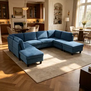 8-Piece Blue Flannel Full-Sized Living Room Sofa Set - Blue-Toned, Cushion, Durability, Exquisite Sofa Sets, Luxurious Plush Surface, Ultra-Soft Feel, Thick High-Rebound Cushions, Robust Wooden Frame for Spacious Living Rooms, Blue-Toned Sofa Sets