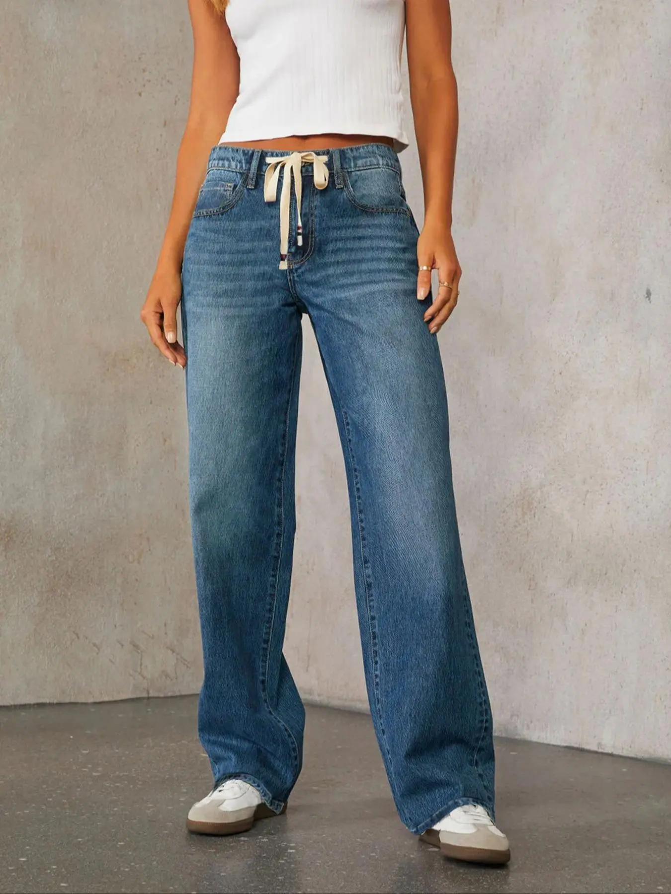 Women's Plain Drawstring Waist Jeans, Casual Design Jeans, Casual Fashion Denim Pants for Daily Wear, Ladies Bottoms for Spring & Fall, Casual Denim Trousers, Denim Clothing