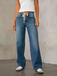 Women's Plain Drawstring Waist Jeans, Casual Fashion Denim Pants for Daily Wear, Ladies Bottoms for Spring & Fall, Casual Denim Trousers