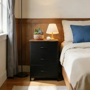 YJ-Garvee Slim 3-Drawer Dresser with Removable Fabric Drawers – Space-Saving, Multifunctional Storage Cabinet with Wood Decor – Easy Assembly – Black + Vintage Color
