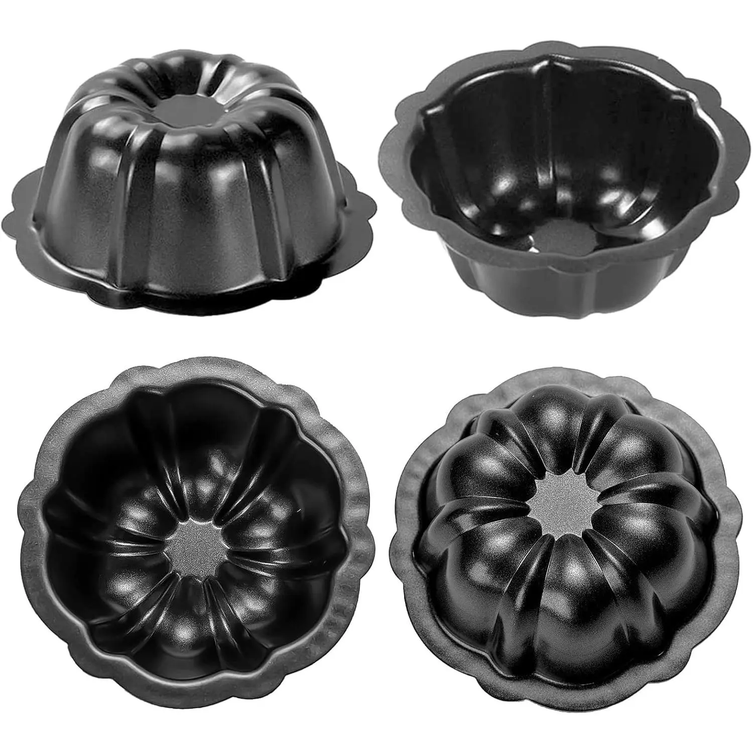 Mini Budtcake Pan, 4 Inch Black Nonstick Fluted Lava Cake Pans Mini Chocoflan Mold Small Flan Mold Individual Baking Cups Thanksgiving Pumpkin Muffin Pans for Insta Pot Air Fryer