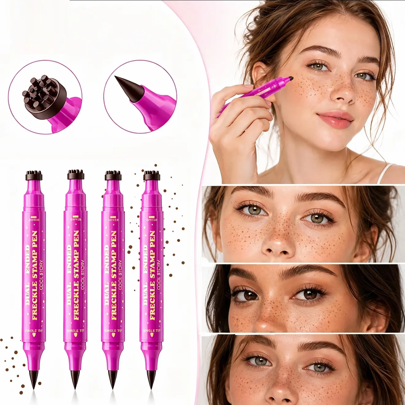 Dual Ended Freckle Stamp Pen, Natural Fake Freckles Makeup Pen Long Lasting Waterproof, 4 Shades Soft Brown Freckle Marker for Natural Sun-kissed Look
