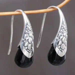 Vintage Black Teardrop Dangle Earrings for Women, Female Alloy Earrings with Silver Leaf Detail