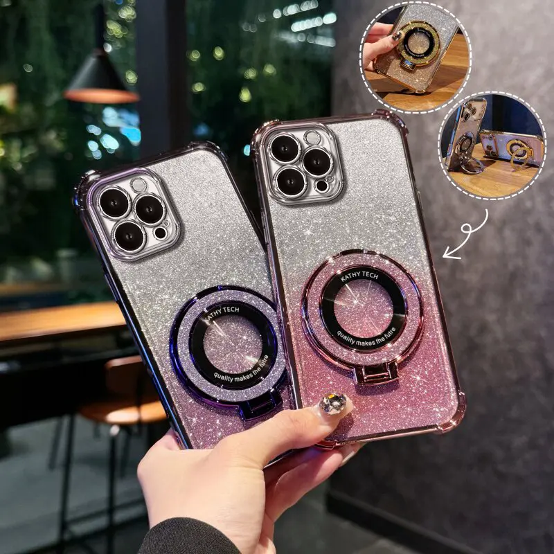 Suitable for [iPhone 13 Pro Max] high-end phone case🥰,Electroplated Luxury Sparkly Glitter Phone Case with Ring Stand Holder 4-Corner Shockproof Camera Protective Cover 952