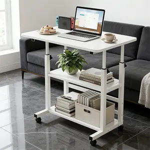 Mobile Rolling Computer Desk | Adjustable Height Laptop Cart with Storage Shelves, Locking Wheels | Small Space Office & Rustic Furniture