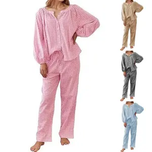 Women's Sleepwear Set 2-piece Set 100% Cotton Plaid Long Sleeve Button Top Straight Leg Pants Casual Set Sleepwear Comfortable SleepwearRAIMENTRY