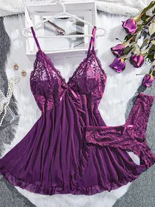 Christmas Two-Piece Sleepwear Set + Thong Panties, Fashionable Sexy Lace Temptation, Suitable for Young Women, Party Wear, Loungewear
