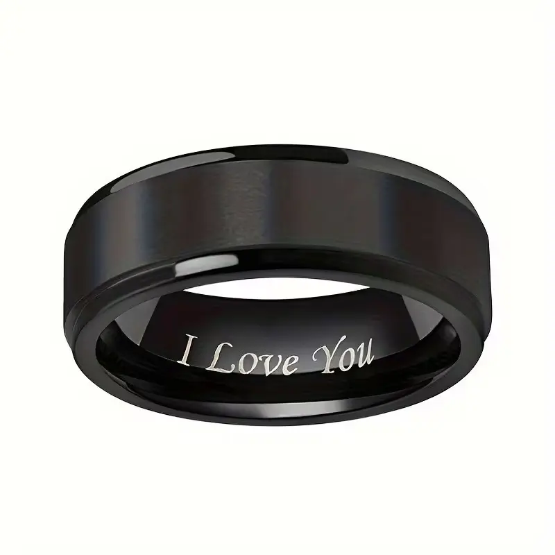 Male Black Tungsten Steel Band Ring - Elegant Matte Finish, 'I Love You' Engraving, Customized Custom Letter Motif, Matching Couple Theme Ring, Personalized Gift for Anniversary, Wedding, Matching Couple Theme Rings