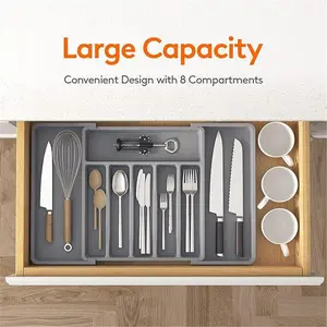 Expandable Cutlery Drawer Organizer with 8 Compartments Large Capacity Adjustable Washable Retractable Drawer Storage for Kitchen Utensils