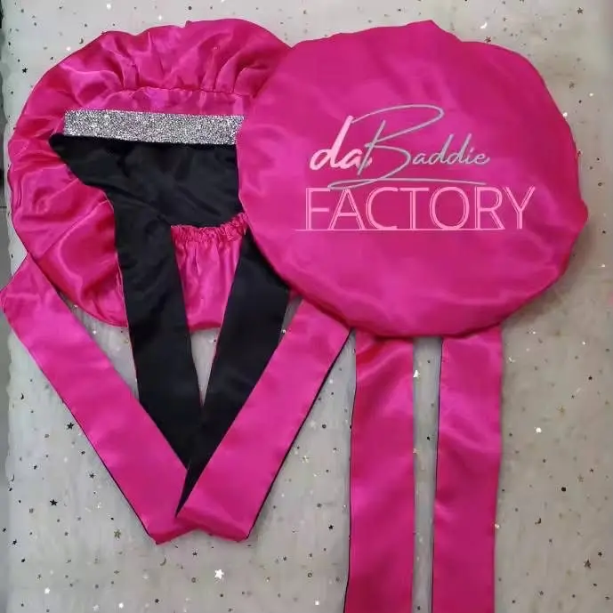 DaBaddie Factory Signature Bonnets - Pink and Black Design with Glitter Accent and Ribbon Detailing