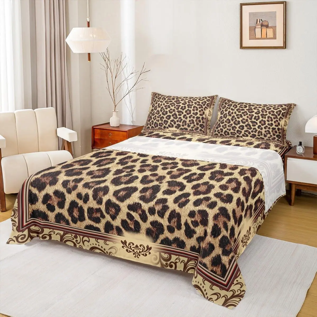 Feelyou Brown Leopard Print Bed Set - Multi-Size,Deep Pockets,Abstract Wild Animal Skin Design,Paisley Floral Boho Rustic Retro Style,Rooms Decor,Set Includes Fitted + Flat Sheet for Women
