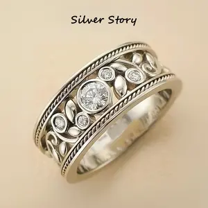 Vintage 925 Sterling Silver Ring for Women, Unique Twisted Vine Carving Design with Sparkling Zircon, Retro Statement Band, Hypoallergenic Silver Jewelry for Daily Wear, Party & Anniversary Gift, Stackable Statement Ring