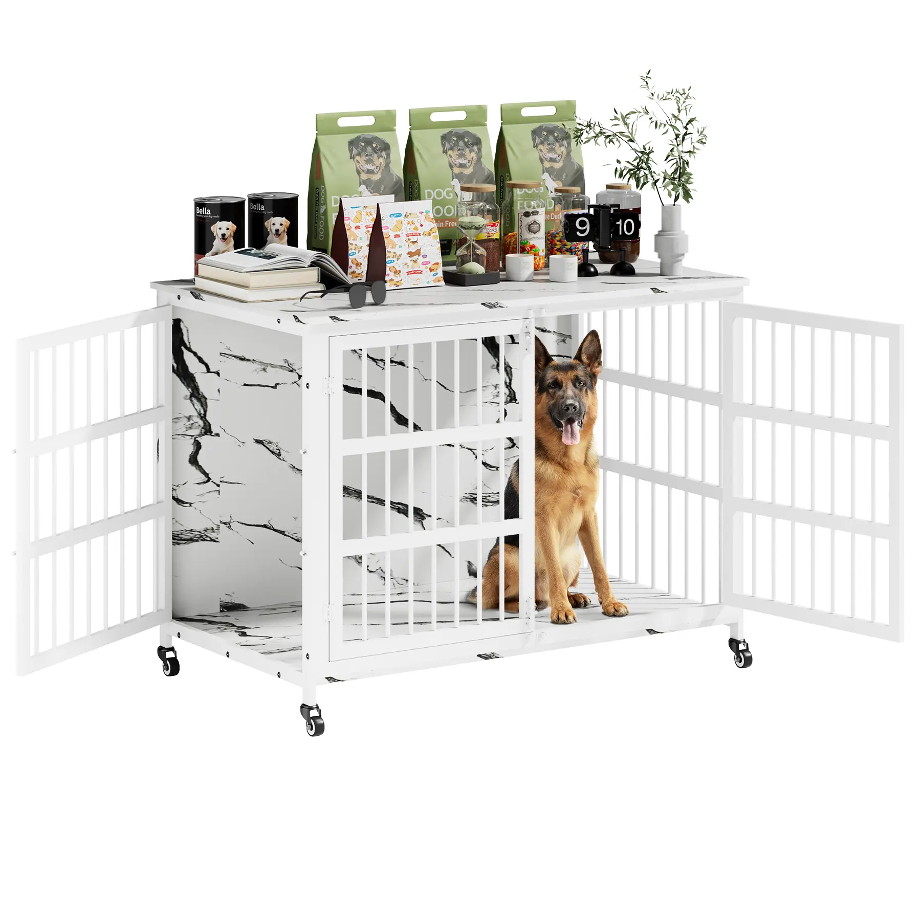 Galogo XXL 46" Dog Crate Furniture with Storage Top, Wooden Dog Kennel with Wheels, White & Black Cage & Brown Finish, Large Indoor Dog Crate for Home