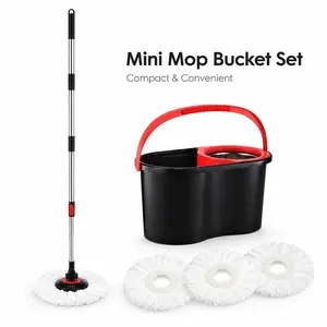 Compact Simpli-Magic 360° Rotating Mop Set with Bucket and Water Dispenser, includes 3 ultra-fine microfiber mop heads and a 3-section iron mop handle (30–48 inches).