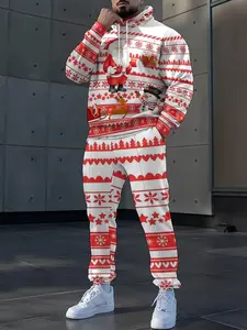Men's Christmas Hoodie Set with Pants, SportyStyle, Long Sleeve, Regular Fit, ContrastLeather Pattern Design, Fall & Winter WeaMen's Contrast Leather Pattern Design, Fall Winter Wear