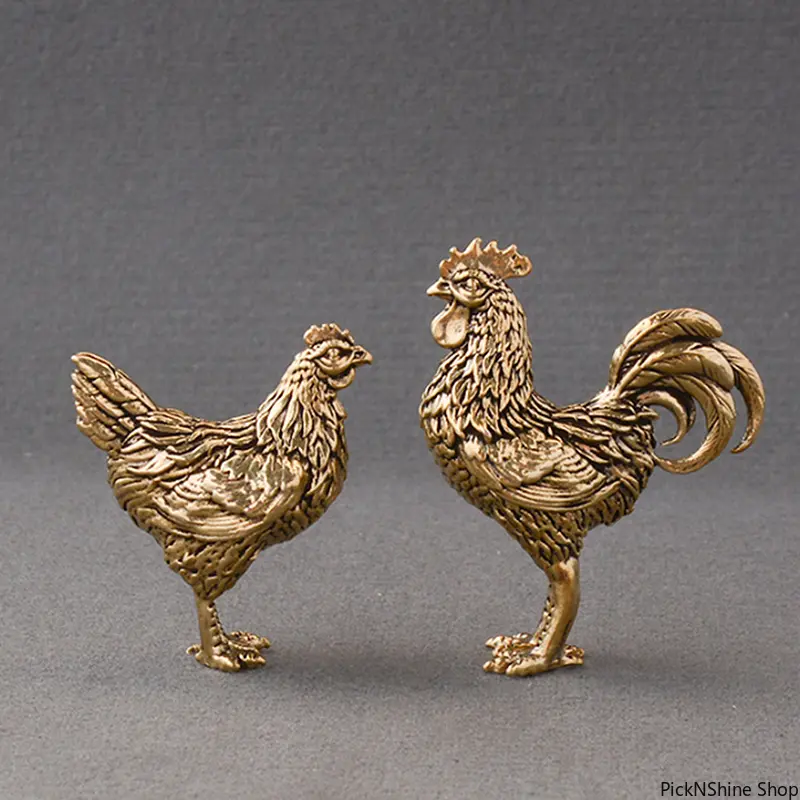 Solid Brass Rooster-Hen Metal Figurine, Vintage Handmade Miniature Home-Office Desk Decoration, About 5*3*1cm Family Luck Tea Ceremony Charm, Premium Gift Choice for Home Ornaments (Fashion Accessory Accent), Animal Statue, Mini Size