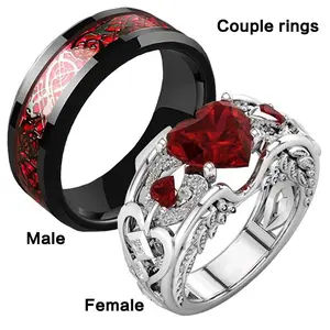 Heart-shaped ruby women's ring, stainless steel men's ring, couple's jewelry