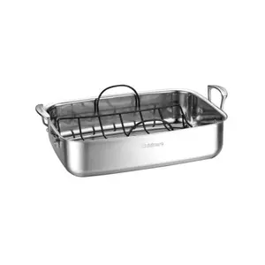 Cuisinart 2-Piece Stainless Steel Rectangle Roaster Bakeware Set - 15" Non-Stick Roasting Pan with Handles, Oven-Safe up to 500°F for Kitchen Use