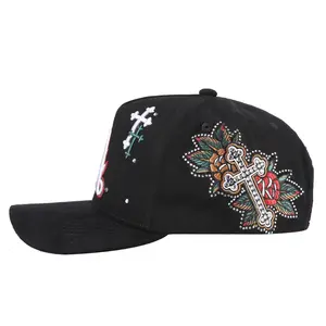 Polyester Hat - Oversized LA Lettering Front, Scattered Embroidered Crosses, Rhinestone-Accented Side Floral Cross Patches, Bold Heritage-Style Streetwear Statement Piece