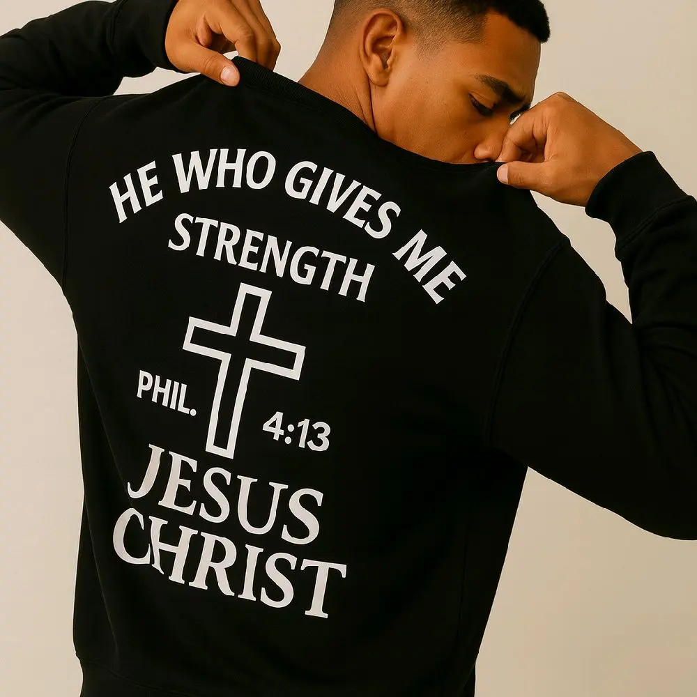 STRENGTH THROUGH CHRIST CREW NECK SWEATER with Phil 4:13 Design and Jesus Christ Print for Men