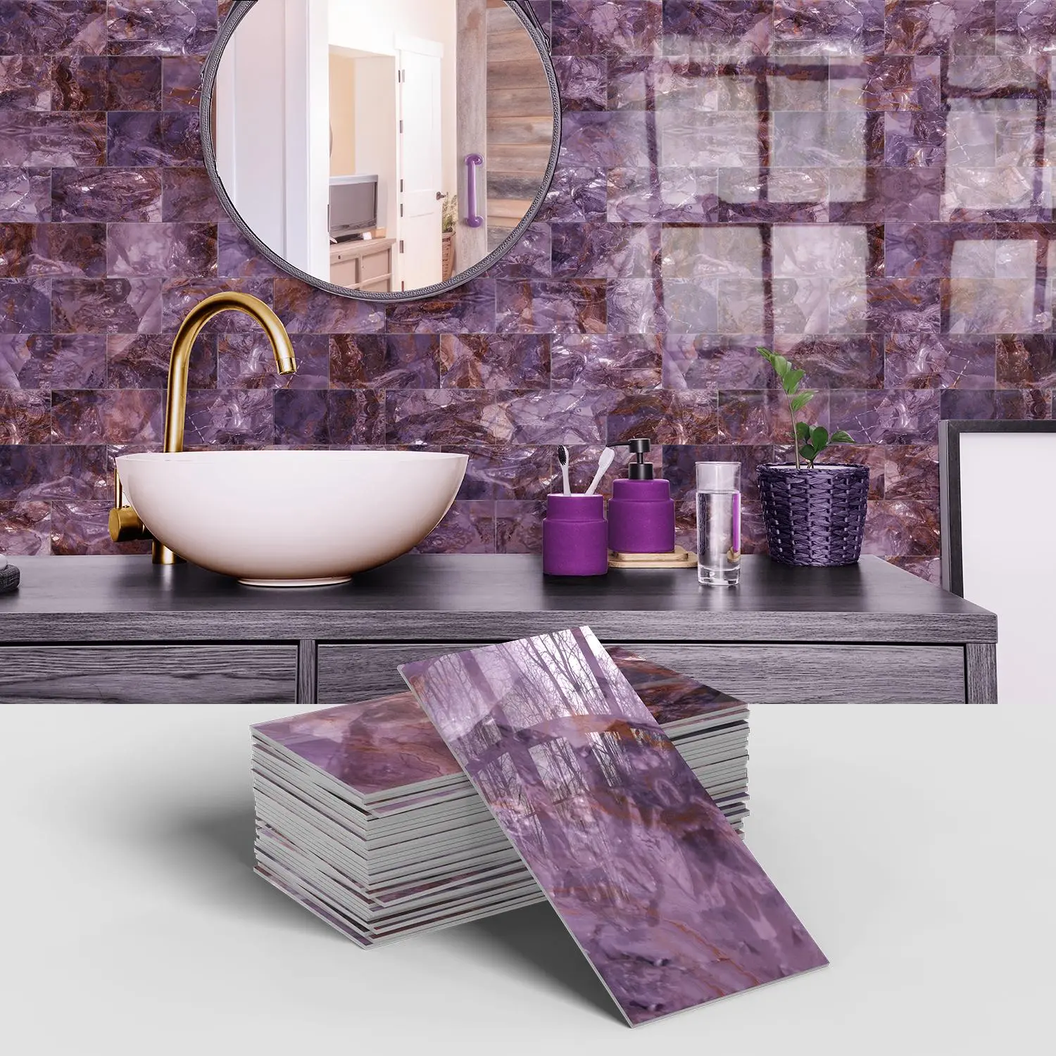 16/32/64 Pieces Self-Adhesive Purple Marble Vinyl Tiles for Wall Decor ,Waterproof & Moisture-Resistant Stick-on Backsplash Stickers,Easy Installation,Suitable For Cabinet Upgrades, Kitchen Splash Protection,4*8 Inches
