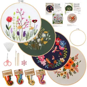4 Pcs Embroidery Kit for Beginners Adults DIY Starter,Cross Stitch Set with Flower Stamped Patterns,Embroidery Hoop,Colorful Threads,Instructions,Hand Craft Lover Gift,Hand Tools Kits,Summervibes