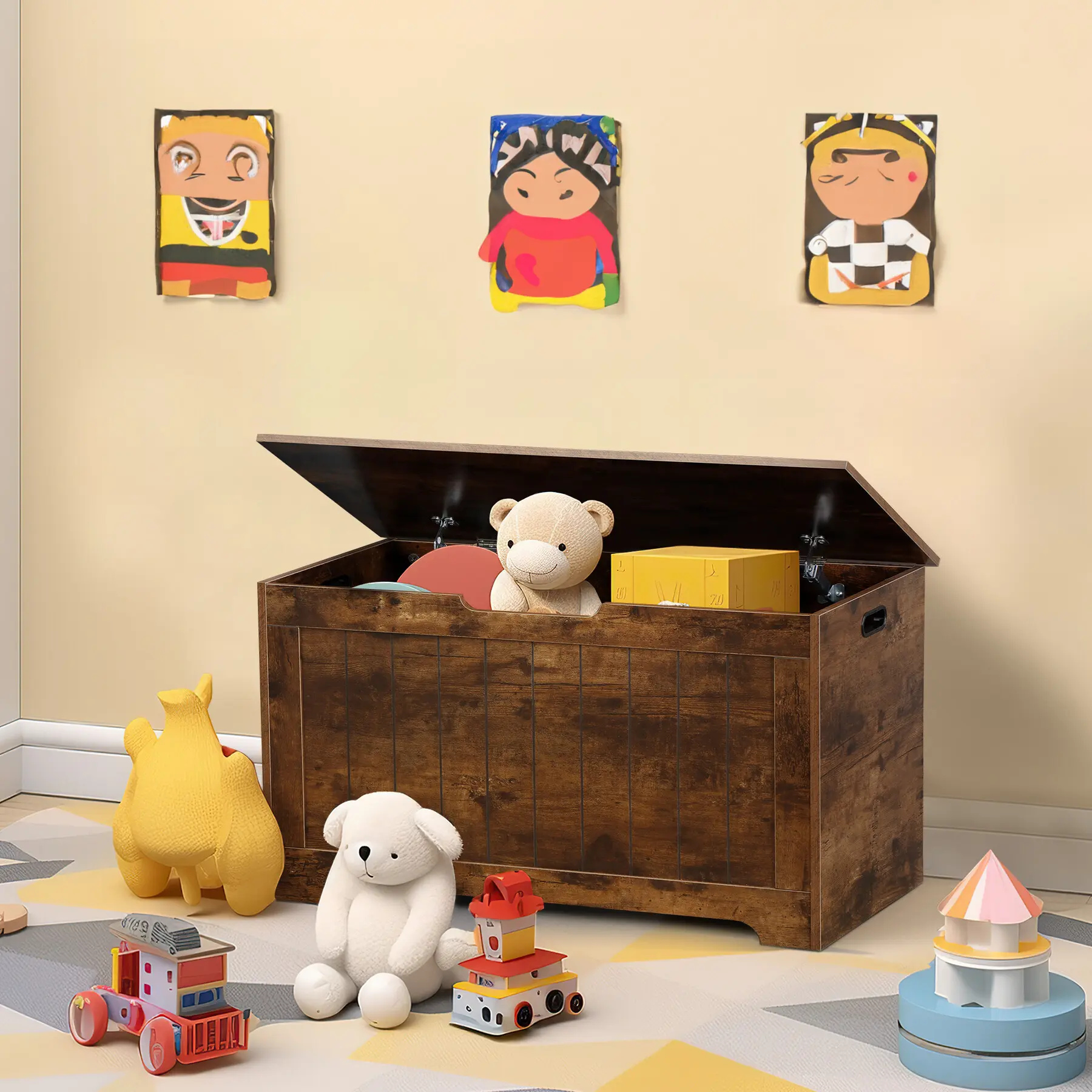 Segawe 30-in Heavy-Duty Rectangle Wooden Storage Chest with Safety Hinges - Rustic Brown Farmhouse Furniture, Nursery Organizing Playroom Toy Organizer, Easy-to-Assemble Entryway Holder