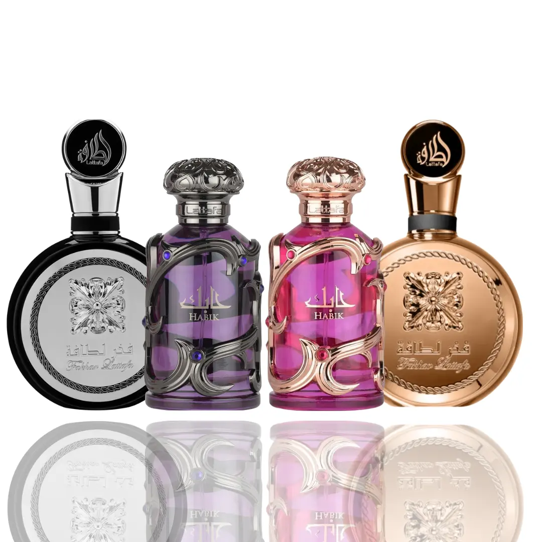 Lattafa 4-Piece Captivating Fragrance Bundle Set - Men’s & Women’s Non-Toxic Perfumes with Citrus-Spice, Luxe Mix Notes (Habik, Habik Women’s, Fakhar, Fakhar Extract) featuring Great Scent, Luxe Men’s Fragrance