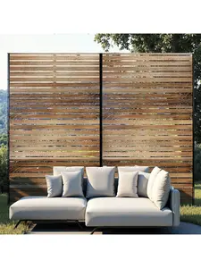 72x47" Modern Natural Brown Horizontal Slat Galvanized Steel Privacy Screen, 3-Panel Freestanding Outdoor Divider with Stand & Hardware, Rust-Resistant Decorative Fence for Patio, Garden