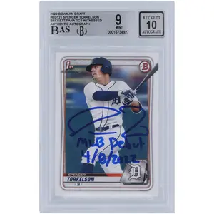 Spencer Torkelson Detroit Tigers Autographed 2020 Bowman Draft #BD-121 Beckett Fanatics Witnessed Authenticated 9/10 Rookie Card with "MLB Debut 4/8/2022" Inscription - Fanatics Authentic Certified